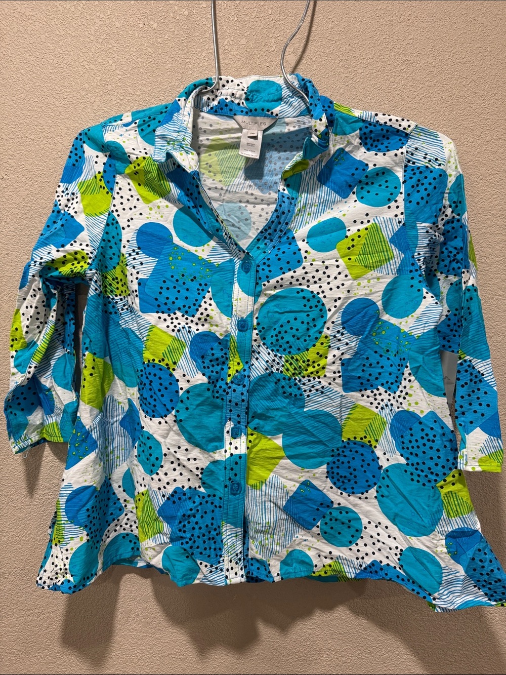 Multiples Blue & Lime Patterned Button-Front Blouse